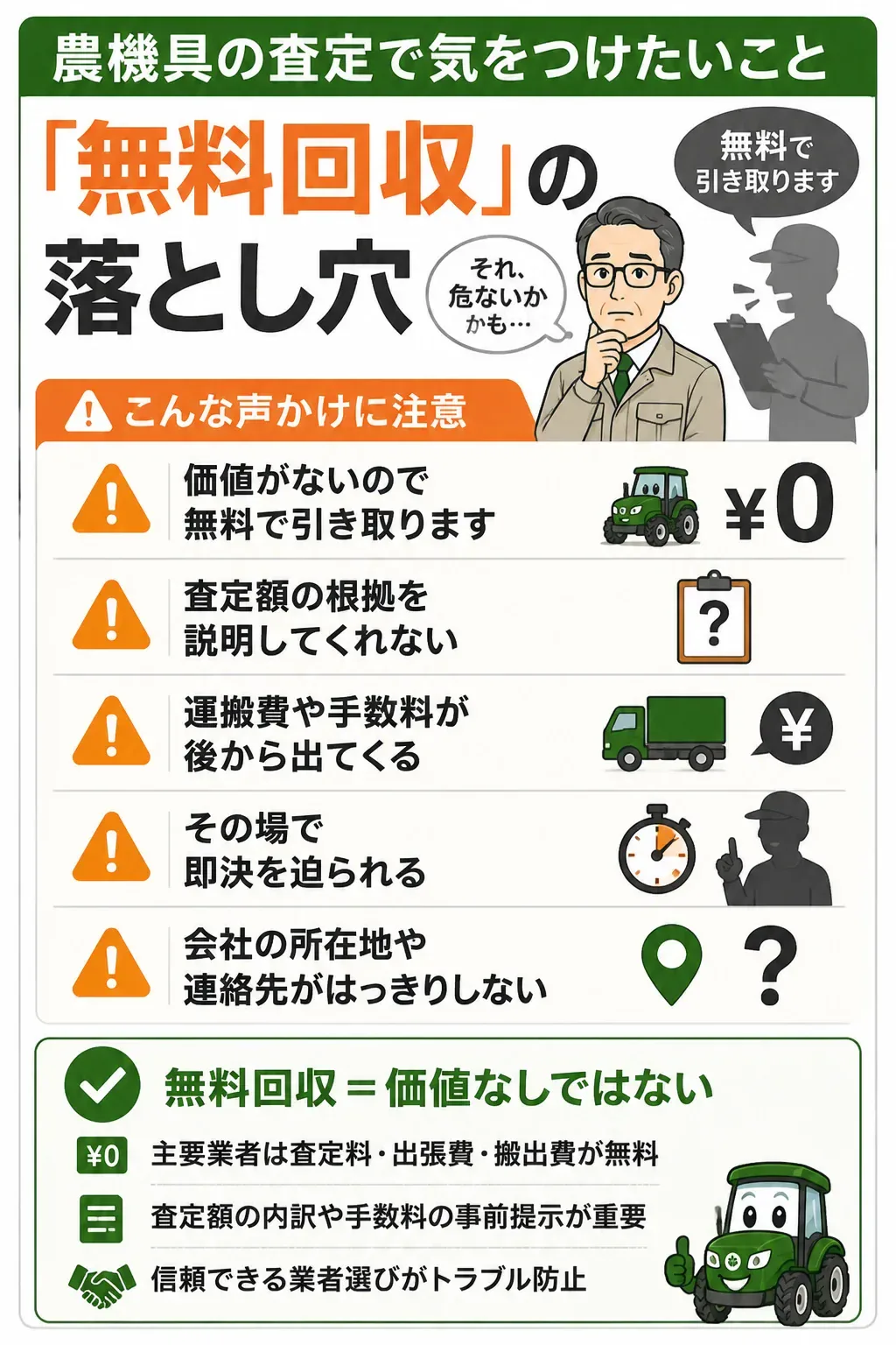 無料回収の注意点を示した警告図解