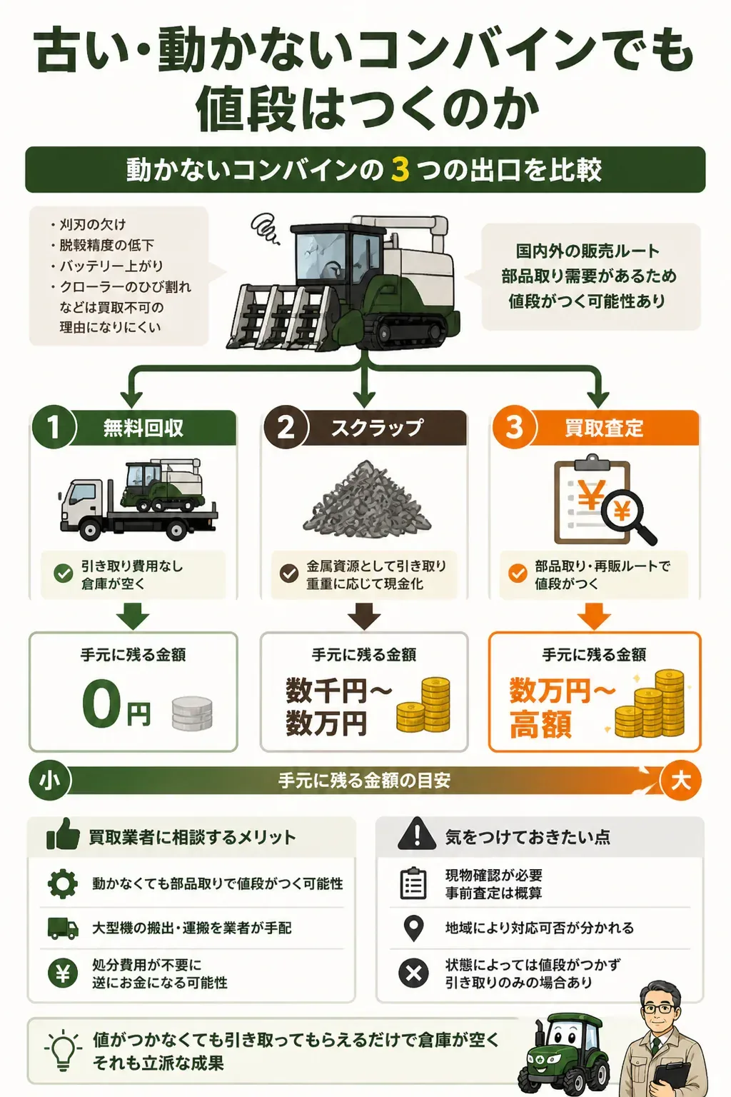 動かないコンバインの処分方法3ルートを比較したフロー図