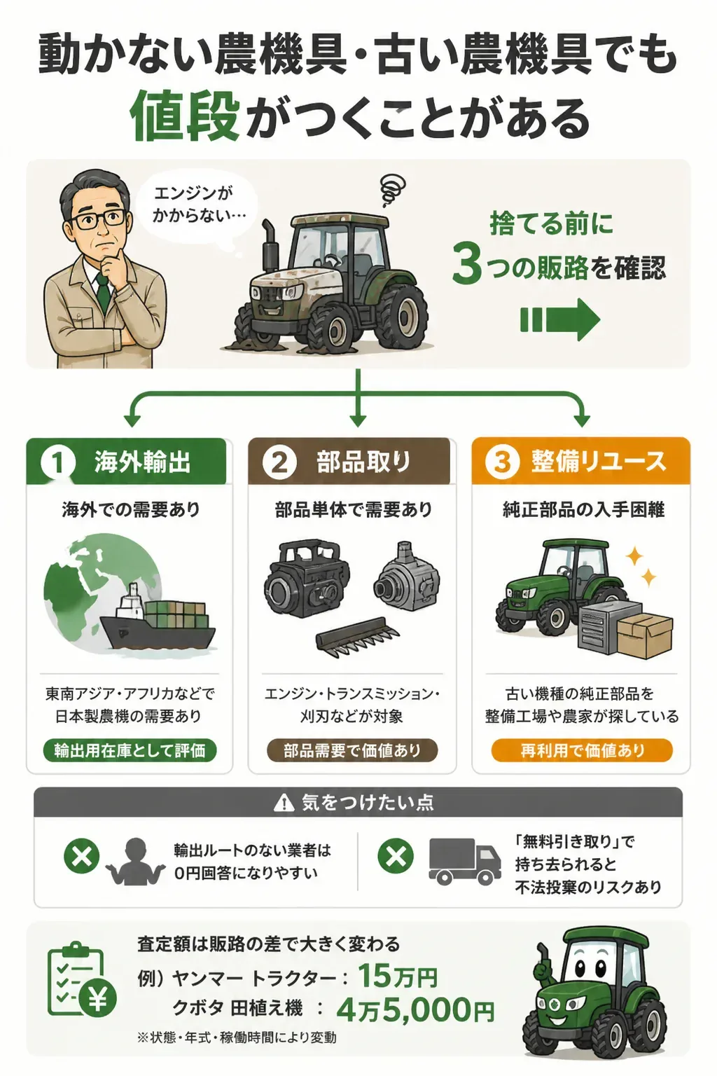 動かない農機具に値段がつく3つの販路を示した関係図