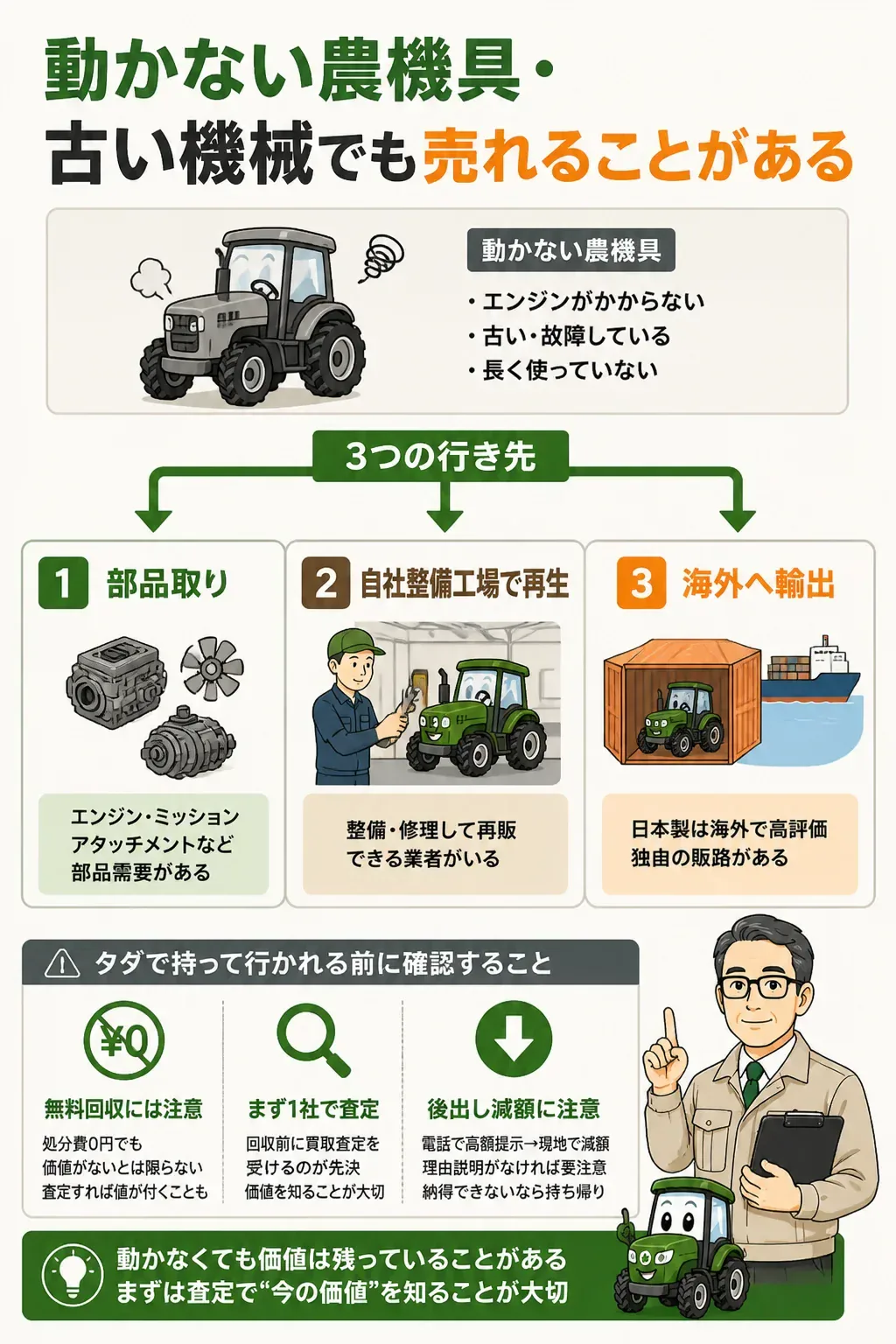 不動車の農機具が部品取り・再整備・海外輸出へ流れる図解