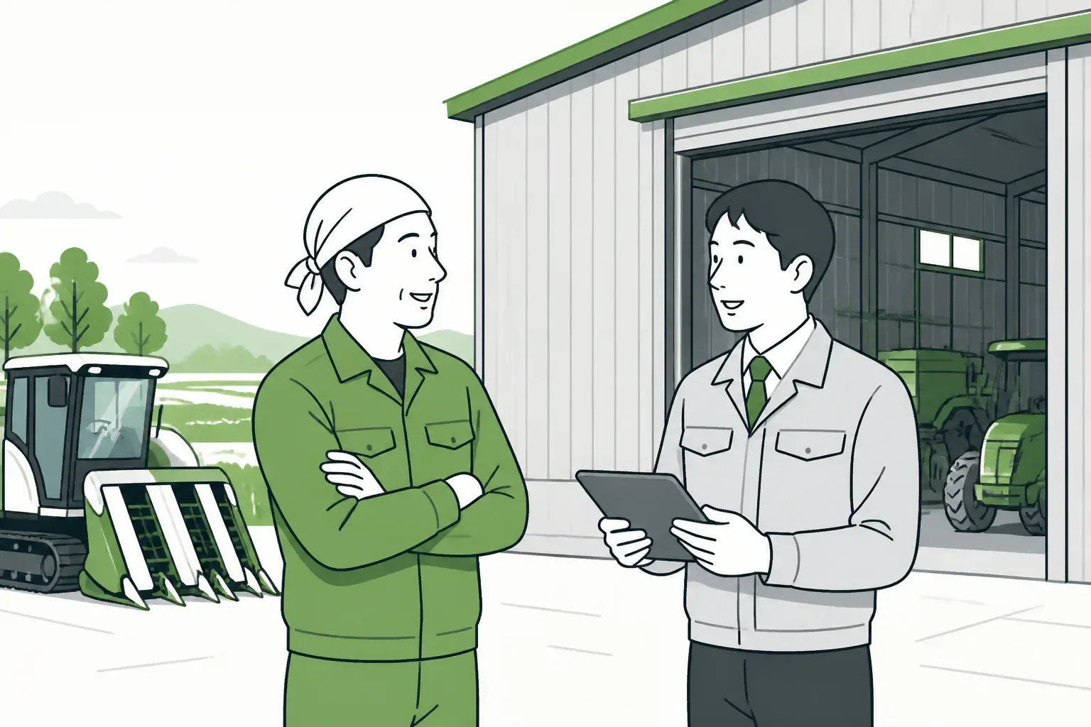 倉庫の前で査定担当者と話す農家のイメージ