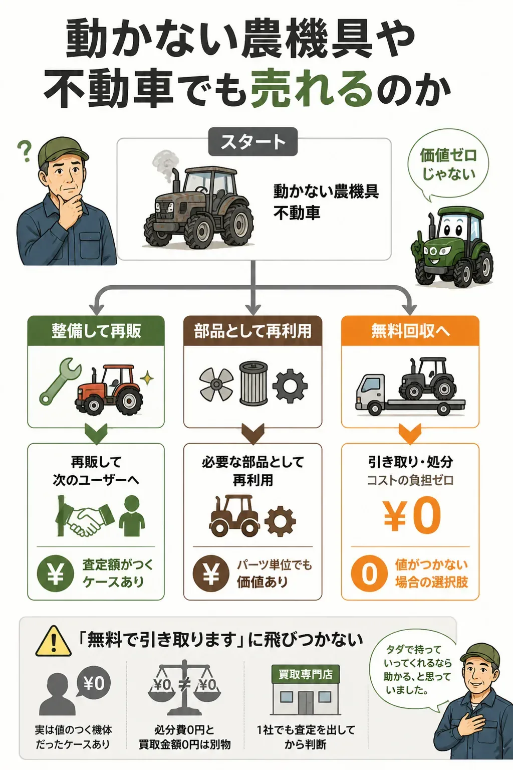 動かない農機具の3つの行き先を示すフローチャート