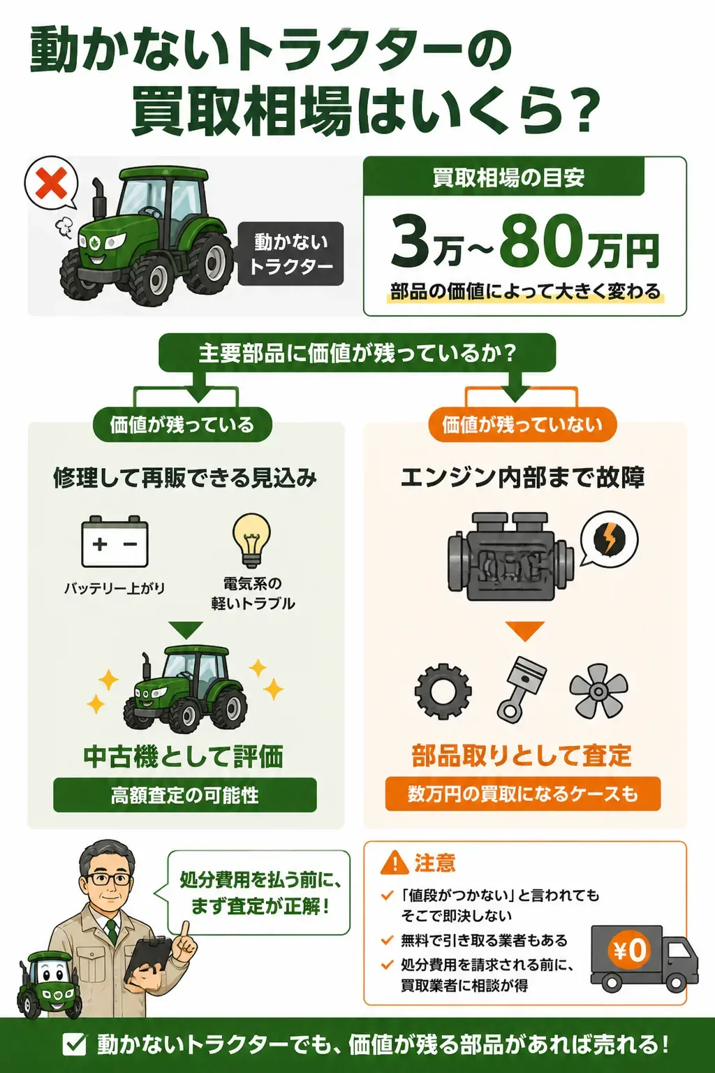 動かないトラクターの査定の分かれ道を示す図解