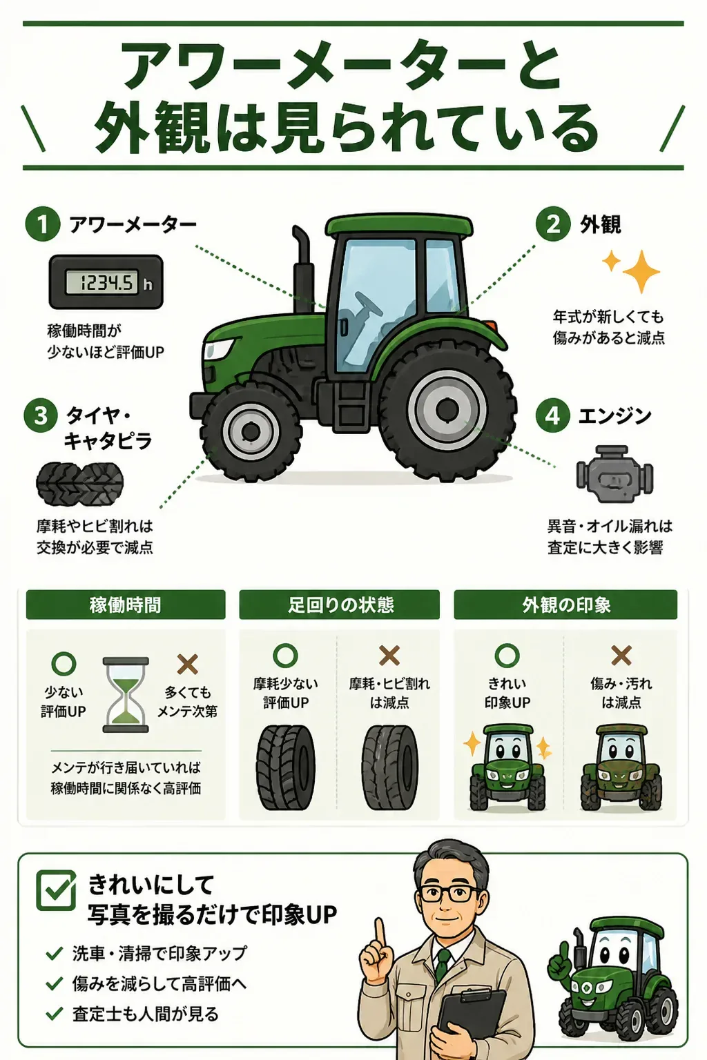 農機具の査定で見られるチェックポイントの図解
