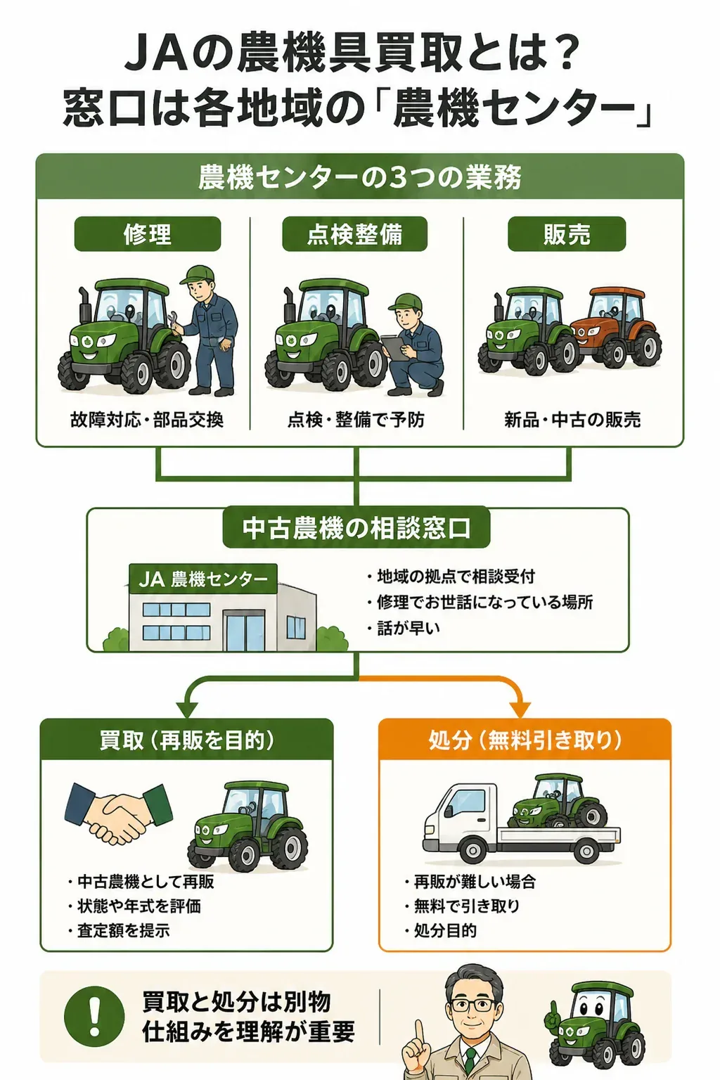 JA農機センターの業務と買取・処分の分岐を示す図解