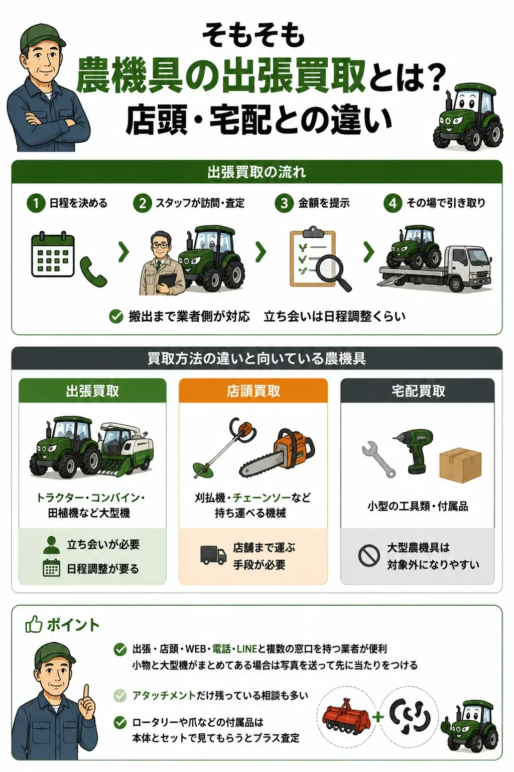 出張買取・店頭買取・宅配買取の違いを示す図解