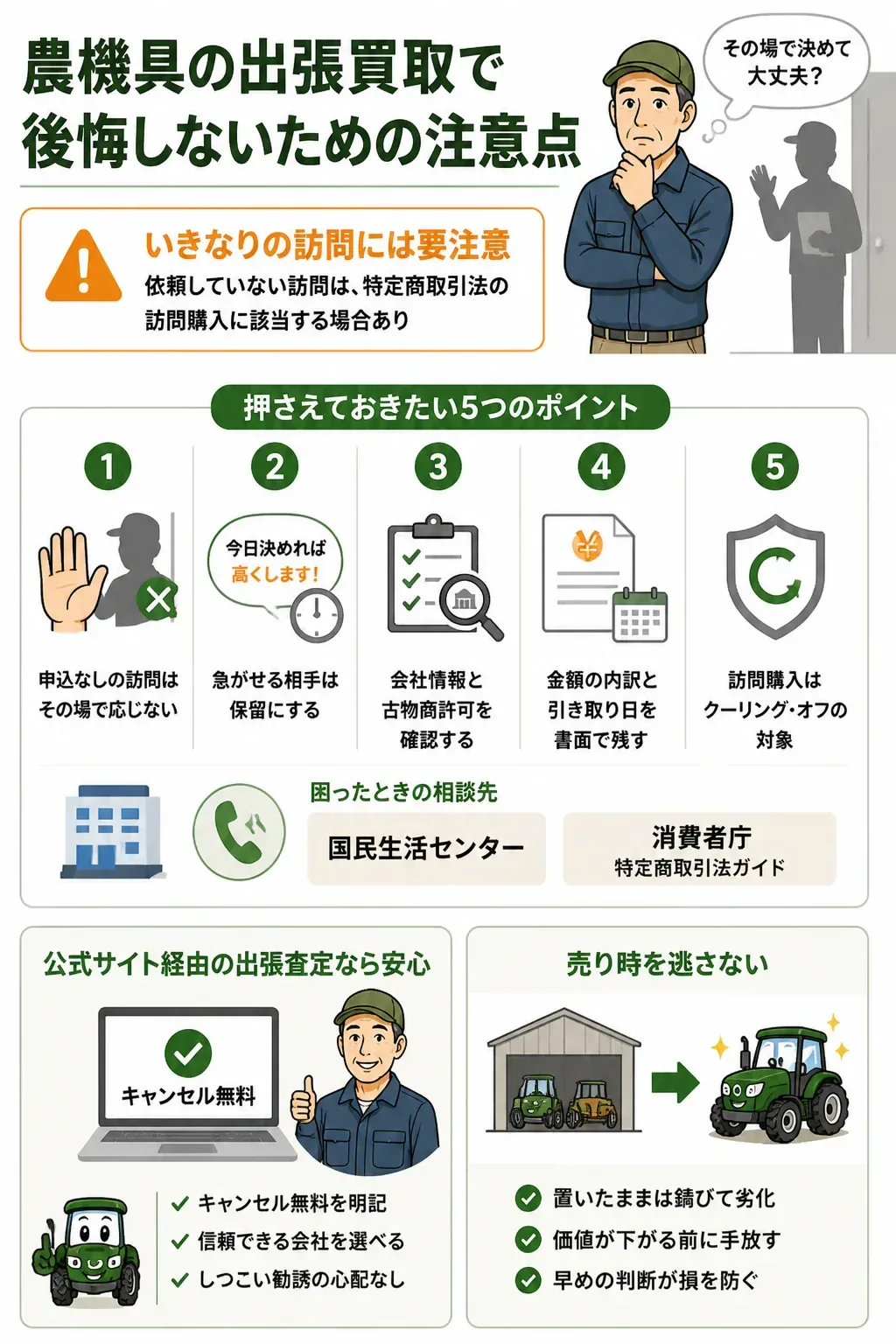 安全な出張査定と警戒すべき訪問買取の違いを示す図解