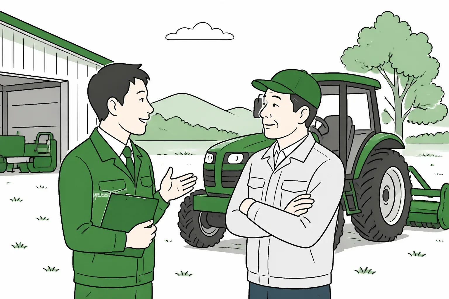 出張査定で農機具を前に話す様子